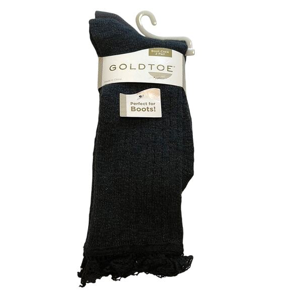 Goldtoe Asphalt Black Boot Crew Socks, Scalloped, 2 Pack, Size 6-9, NWT! - Picture 1 of 4